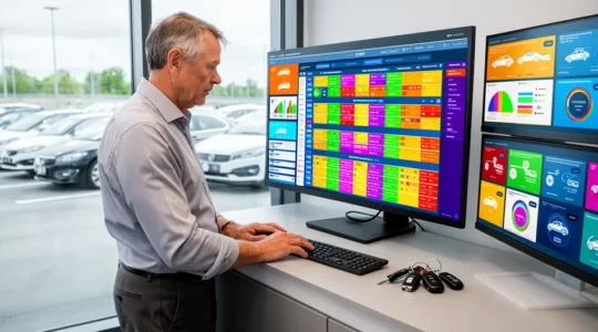 Fleet manager standing at desk reviewing computer screen showing fleet overview in rental office
