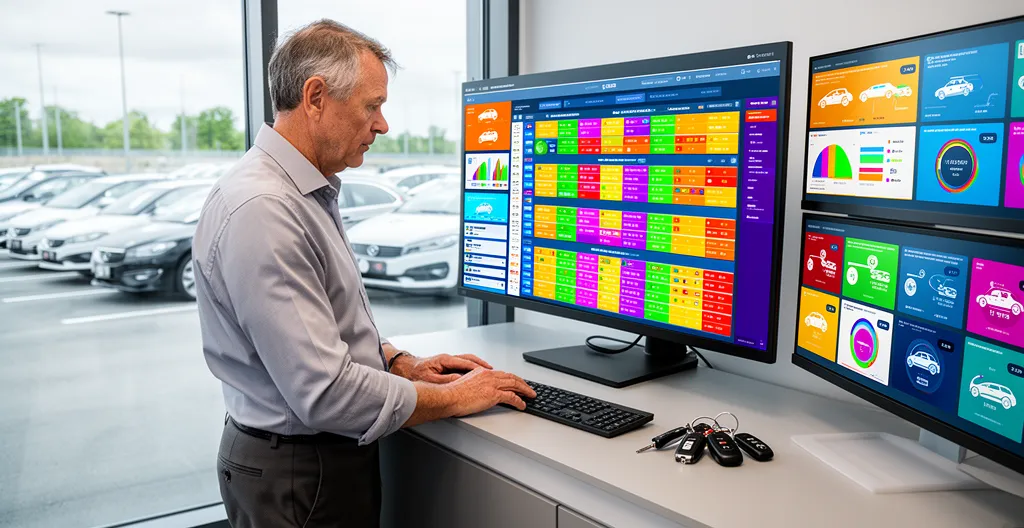 Fleet manager standing at desk reviewing computer screen showing fleet overview in rental office
