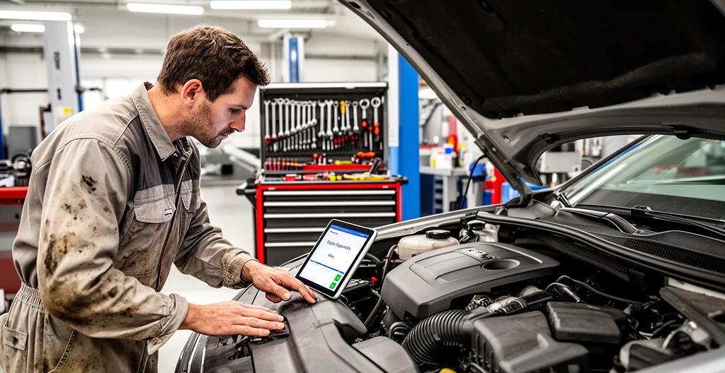 Automotive technician inspecting car engine bay in professional service workshop