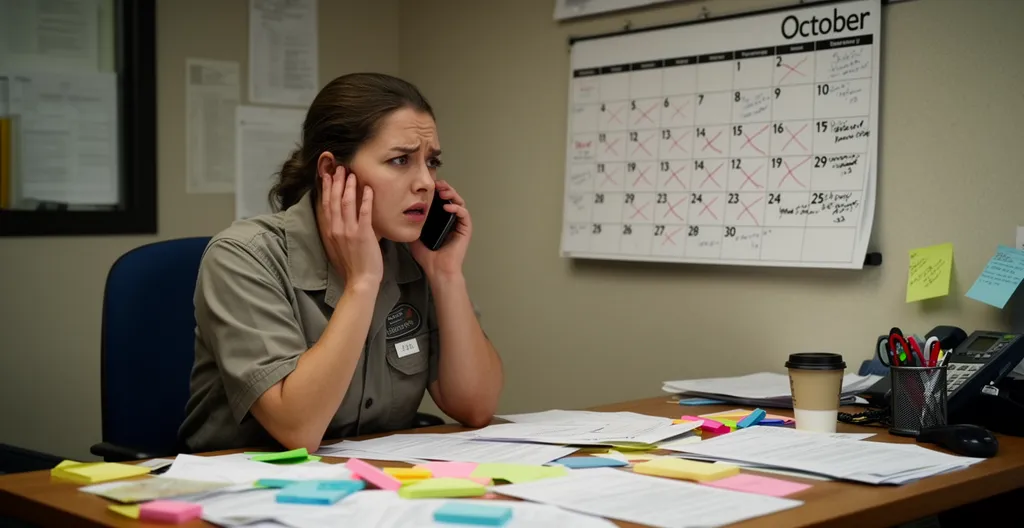 Rental office employee at cluttered desk with scattered paperwork holding phone