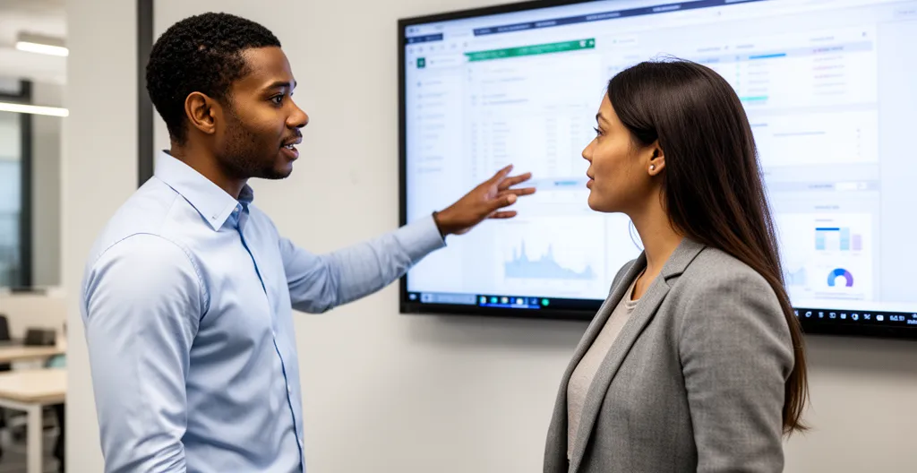 Two colleagues in modern office viewing large screen showing software interface
